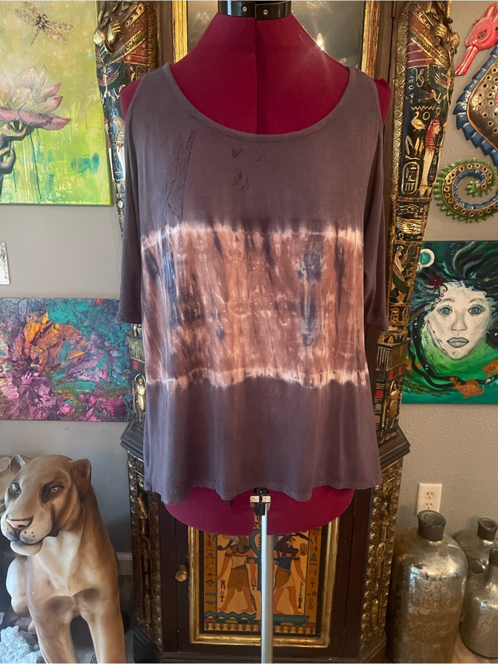 Cold Shoulder Tie-Dye Scoop Neck Women’s Top - Taupe
